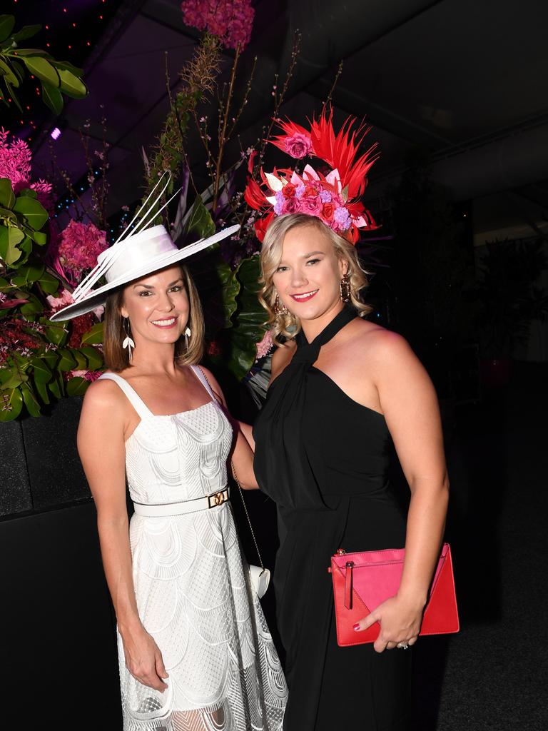 Tiffany Parsell and Larnie Batten at the Darwin Turf Club Bridge Toyota Ladies' Day / Derby Day. Picture: KATRINA BRIDGEFORD