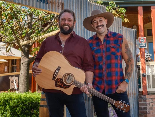 ***EXCLUSIVE FOR THE AUSTRALIAN*** 25/01/2024: Tasmanian country rock duo The Wolfe Brothers, who are among the lead nominees at the Golden Guitar Awards as part of the Tamworth Country Music Festival. L-R: Tom Wolfe, Nick Wolfe. Picture: Antony Hands