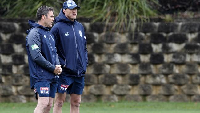 Coach Brad Fittler and Craig Fitzgibbon during the NSW Blues training session, held at the Wyong Rugby League Club at Kanwal on the NSW Central Coast. Picture: Jonathan Ng