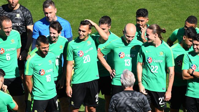 Australia's Head Coach Bert van Marwijk addresses the team at training. (AAP Image/Dean Lewins) NO ARCHIVING