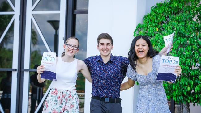 Darwin High students Olivia Anderson, Kyriakos Lambrinidis and Jillian Wong at the official congratulations of the Top 20 Year 12 students from the NT. Picture: Glenn Campbell