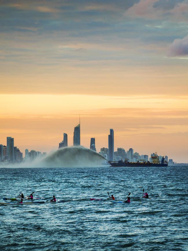Picture taken from Burleigh Heads, looking towards Surfers Paradise of the 111 meter dredge in action on the Gold Coast. Picture: NIGEL HALLETT