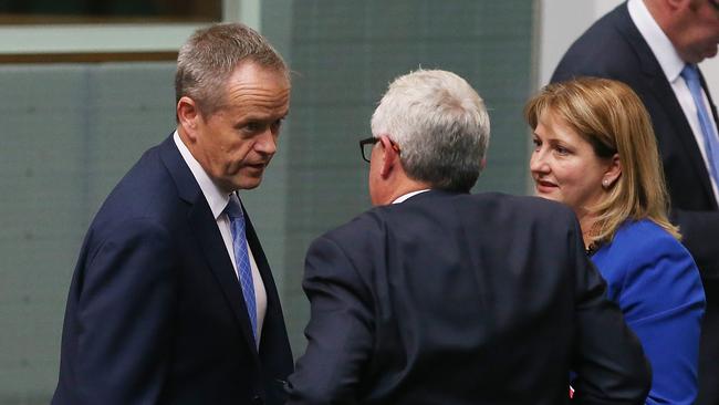 Opposition Leader Bill Shorten, Andrew Wilkie and Rebekha Sharkie after a vote on citizenship at Parliament House. Picture Kym Smith