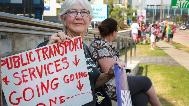 Keelah Lam of Fairlight at the protest against privatisation of the service outside Brookvale bus depot. Picture: AAP/Mark Scott