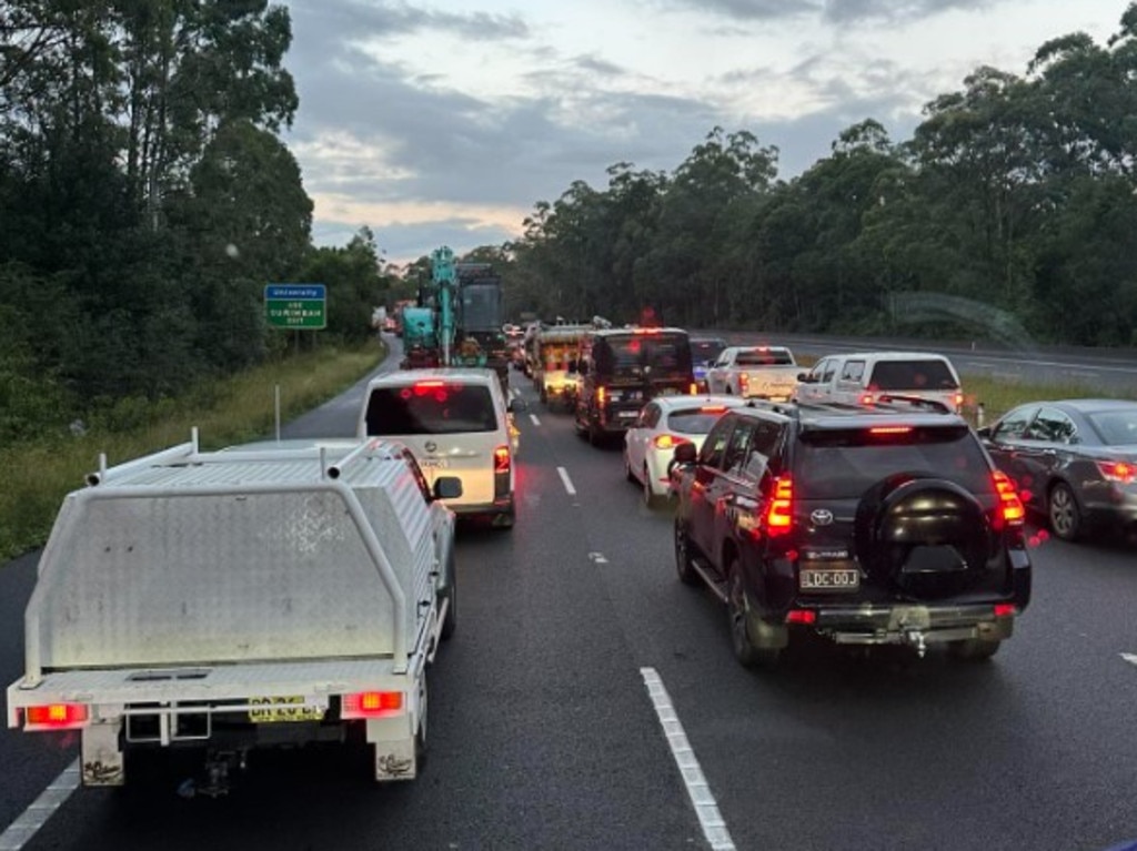 M1 Southbound blocked after a truck spilt metal debris. Picture: Facebook