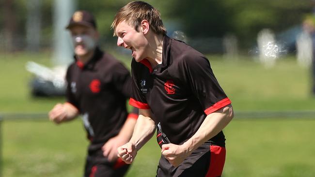 Liam Bowe celebrates a wicket for Essendon. Picture: Hamish Blair