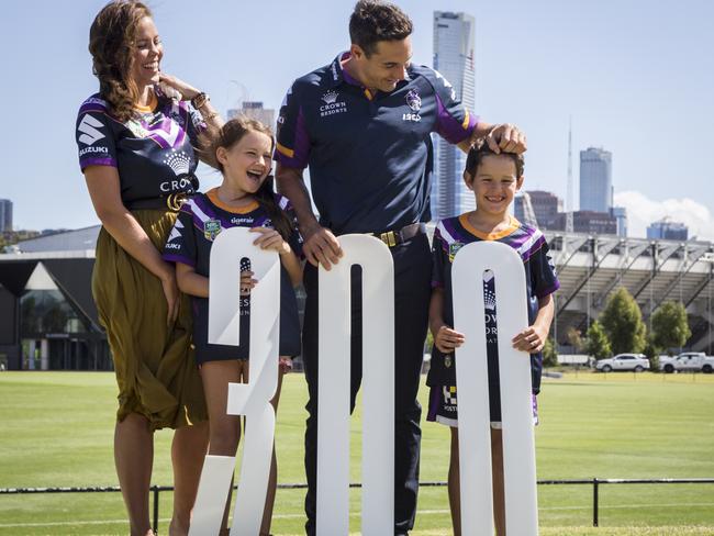 Billy Slater with his family ahead of his 300th NRL game. Picture: Jono Demos