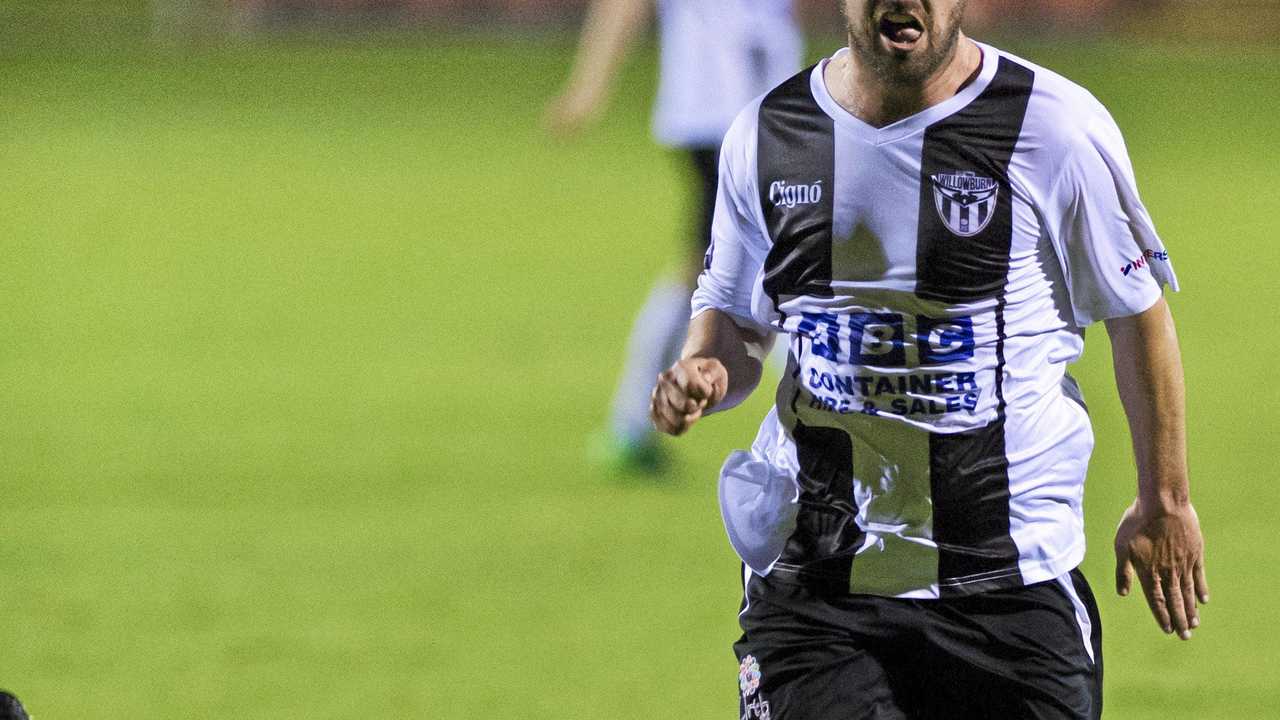 IN CONTROL: Willowburn's Nick McGauley avoids a New Farm United player's tackle during their FFA Cup SEQ round three clash at Clive Berghofer Stadium last Saturday. Willowburn's two TFL Premier Men's teams will square off tonight at Commonwealth Oval. Picture: Kevin Farmer