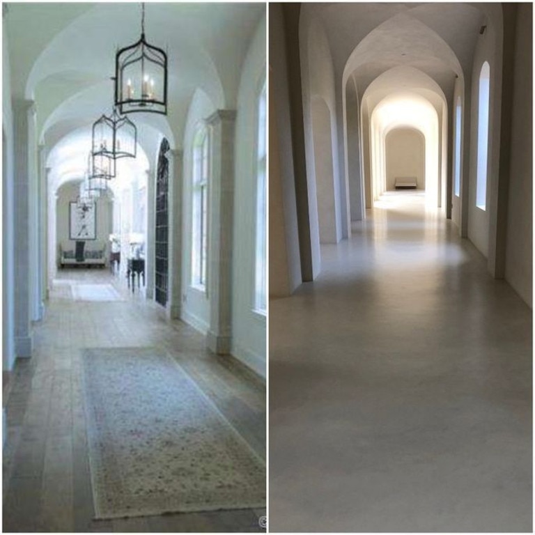 Before (left) and after shots of a hallway in the Hidden Hills home. Picture: realtor.com/Twitter (kanyewest)