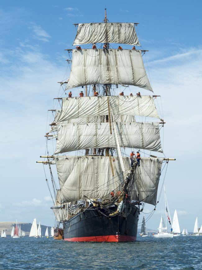 James Craig, during the Parade of Sail, at the Australian Wooden Boat Festival in 2017. Picture: Donna Summers/AWBF