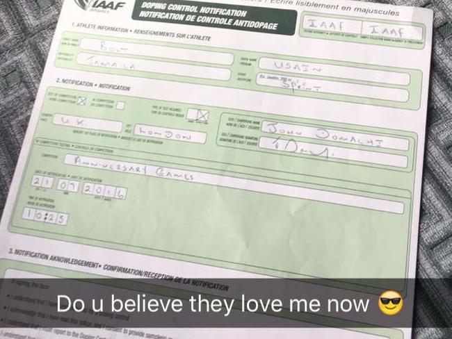 Bolt posted a form proving he’d just had a doping test before he addressed the media