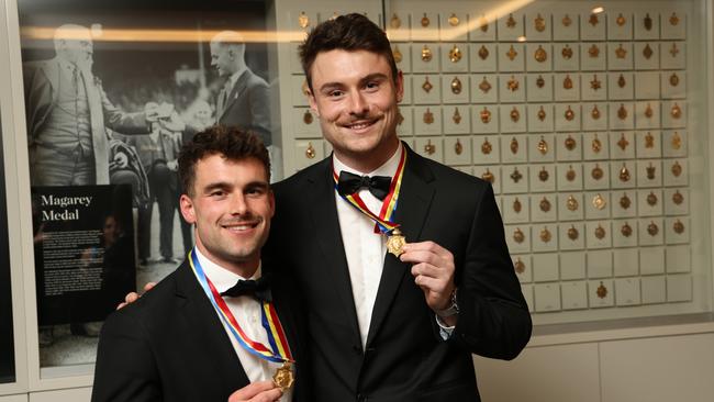 Harry Boyd from Norwood and Will Snelling from Sturt after being announced as joint winners of the Magarey Medal at the Adelaide Oval in Adelaide, Monday, September 9, 2024. Picture: SANFL Image/David Mariuz