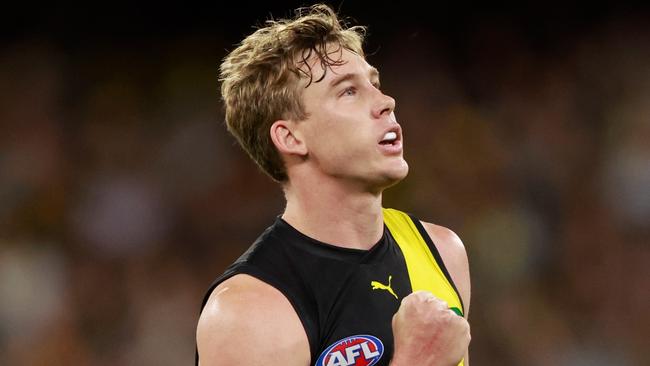 MELBOURNE, AUSTRALIA - MARCH 16: Tom Lynch of the Tigers celebrates a goal during the 2023 AFL Round 01 match between the Richmond Tigers and the Carlton Blues at the Melbourne Cricket Ground on March 16, 2023 in Melbourne, Australia. (Photo by Dylan Burns/AFL Photos via Getty Images)