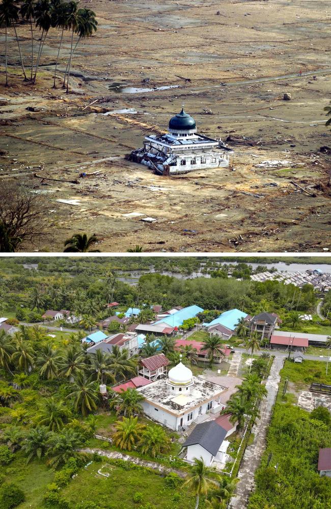 This combination photo shows an aerial view of a mosque in Kuala Bubon, Aceh province and the same view 20 years on. Picture: AFP