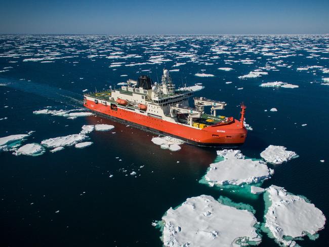 RSV Nuyina.  A team of 60 Australian Antarctic Program scientists will leave Hobart next week for the DenmanGlacier region on RSV Nuyina, to research a critically important glacier that holds a potential sea levelrise of 1.5metres.  Picture: Pete Harmsen/Australian Antarctic Division***ONE TIME USE ONLY***