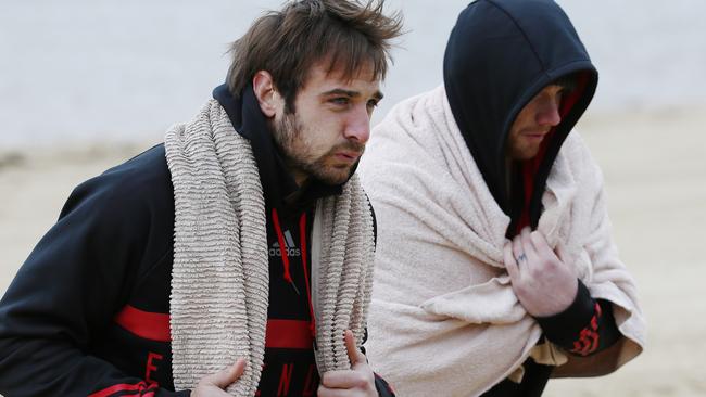 Jobe Watson and Adam Cooney at an Essendon recovery session during the only season they played together at the Bombers. Picture: Michael Klein