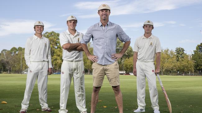 Australian under-16 cricket captain Jamison Murphy (right), pictured with Prince Alfred College First XI teammates Mitch Thiele and Cooper Luke, along with PAC old scholar and former Australian batsman Greg Blewett, is now focusing on footy. Picture: Simon Cross