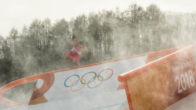 Wind lashes the slopestyle course at Pheonix Snow Park, PyeongChang.