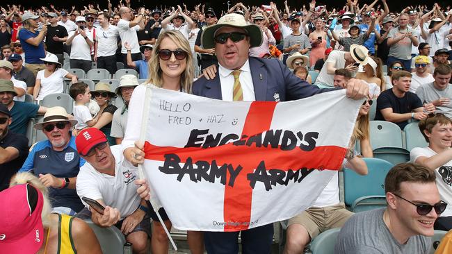 Herald Sun journalist Lauren Wood hangs out with Barmy Army. Picture: Michael Klein