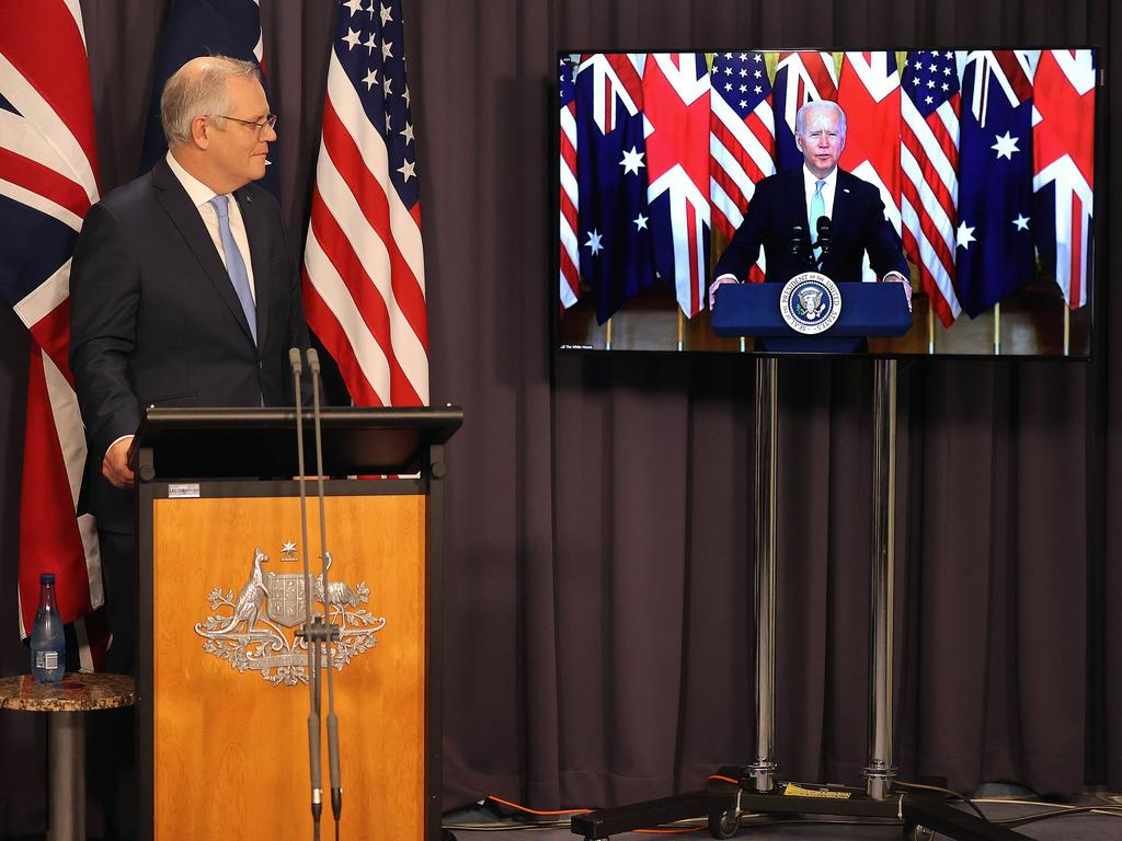 Prime Minister Scott Morrison speaks with the US President Joe Biden. Picture: Newswire/Gary Ramage