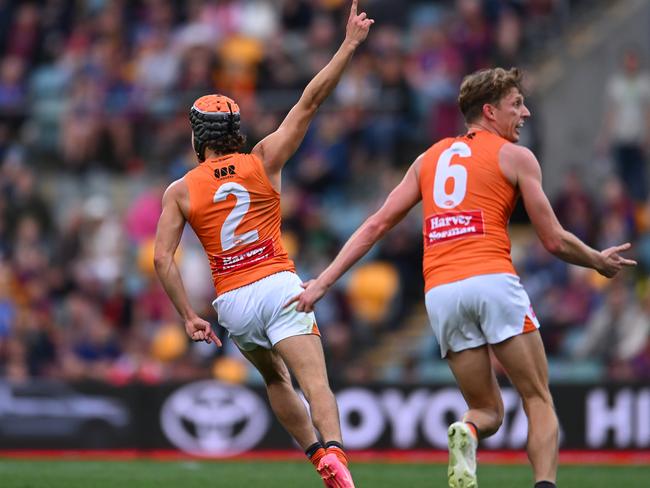 Jones celebrates a crucial goal against the Lions. Picture: Albert Perez/AFL Photos