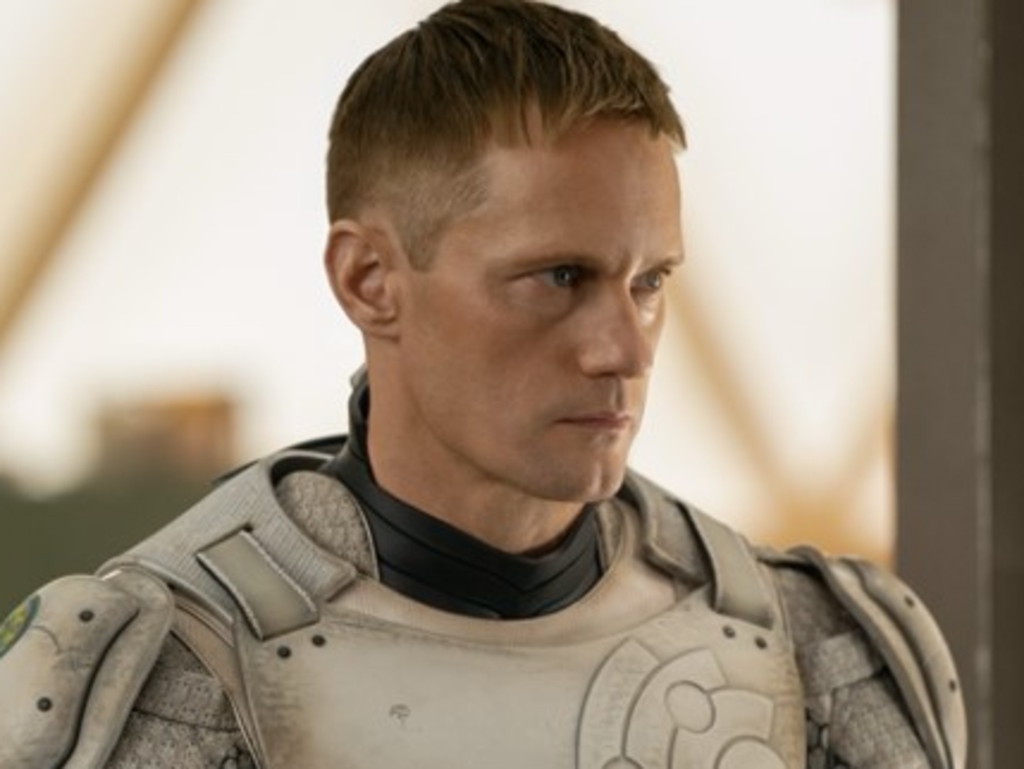 Alexander Skarsgard as a sentient cyborg in Murderbot.