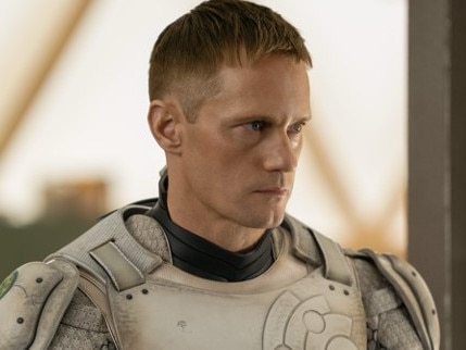 Alexander Skarsgard as a sentient cyborg in Murderbot.