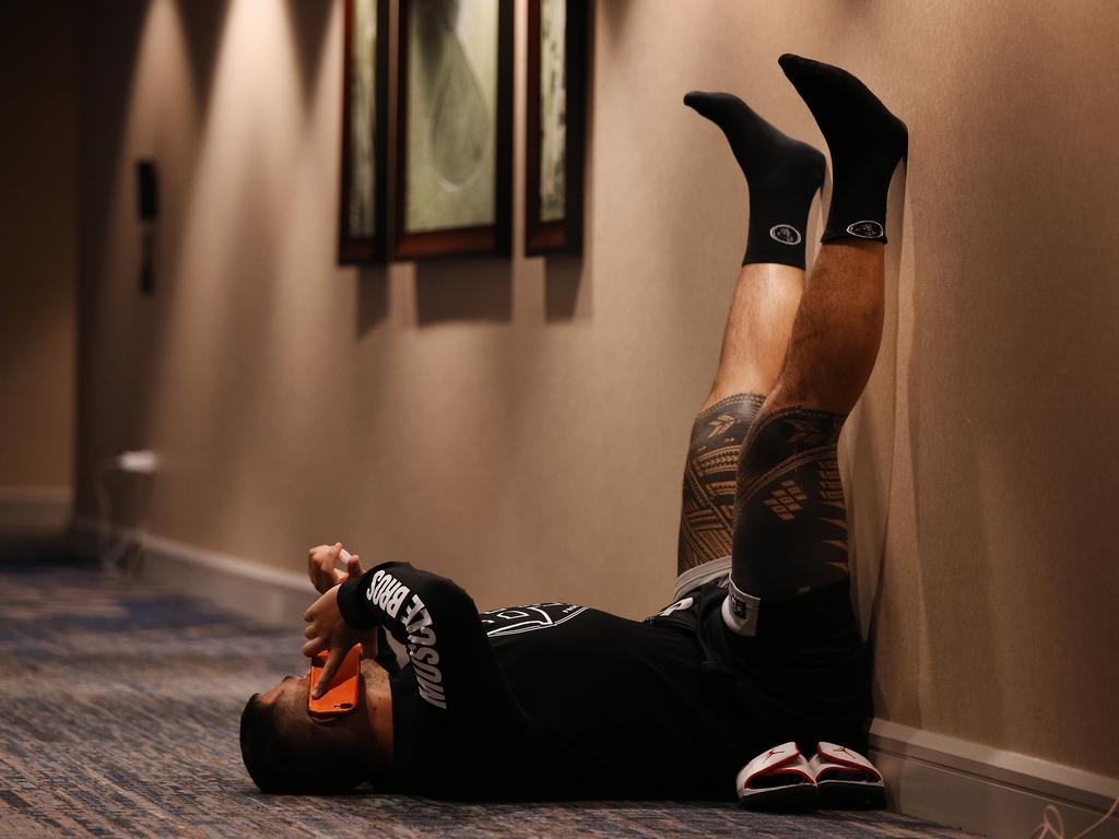 A day in the life of heavyweight UFC fighter Tai Tuivasa before he fights in UFC 225 on the weekend in Chicago, USA. Pictured doing media interviews over the phone in the Marriott Hotel. . Picture: Sam Ruttyn