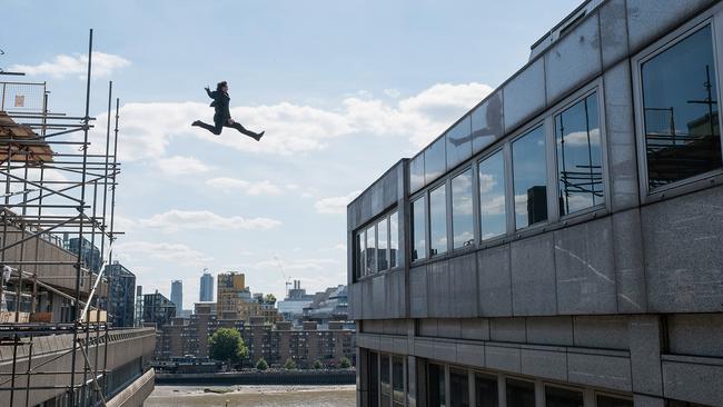 Tom Cruise as Ethan Hunt in the stunt for Mission: Impossible — Fallout in which he broke his ankle.