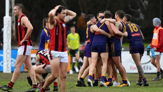 Ecstasy and agony: Vermont celebrates last season’s grand final triumph over Blackburn. Picture: James Ross