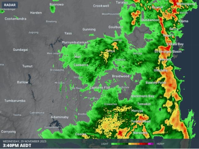 Weatherzone's rain radar shows a bow echo forming as intense storms track from NSW's Southern Tablelands toward the South Coast. Picture: Weatherzone