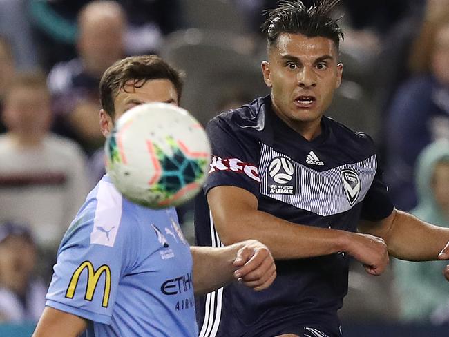 A League Round 1. Melbourne Victory vs Melbourne City. 12/10/2019.    Andrew Nabbout of Melbourne Victory kicks at goal  during the Melbourne Victory vs Melbourne City derby at Marvel Stadium, Melbourne   .Picture: Michael Klein.