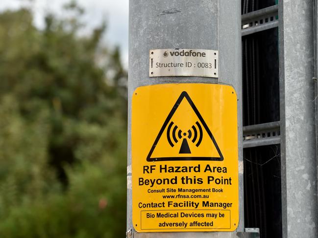 A warning on the telecommunications tower at Balgowlah. Picture: Troy Snook