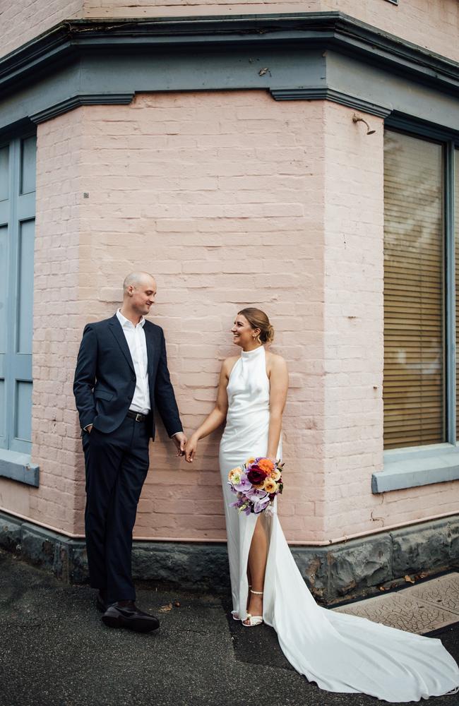 Sam and Emma Williams wed at The George Ballroom in St Kilda. Picture: Liz Barnes