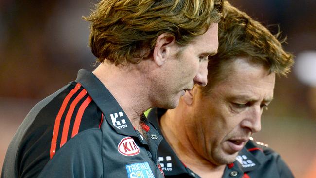 James Hird and Mark Thompson together during their coaching days at Essendon. Picture: Wayne Ludbey