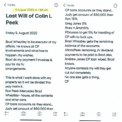 A screenshot of the informal will at the centre of the dispute. Picture: Supplied