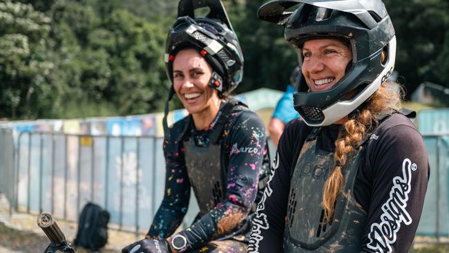 Cairns residents Cassie Abell and Rachael White prepare for the UIC MTB Masters World Championships. Picture Emily Barker.