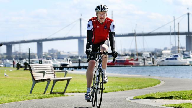 Williamstown's Stephen Kaye rides along the Hobsons Bay Coastal Trail at Williamstown.