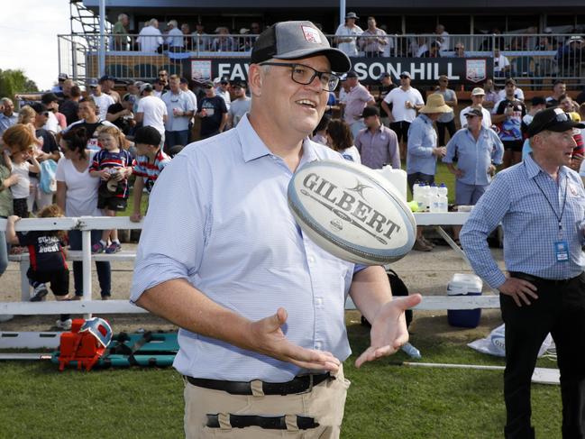 Shute Shield Rugby. Prime Minister Scott Morrison prior to his kick off of the game. Picture Chris Pavlich for The SundayTelegraph