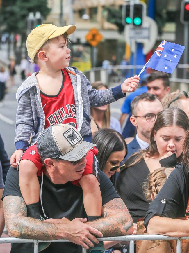 Emerson Todd and Oskar in Brisbane for the 2023 ANZAC Day March. Picture: NCA NewsWire / Glenn Campbell