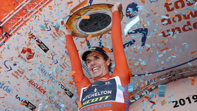 Daryl Impey celebrates after winning the 2019 Tour Down Under. Picture: Sarah Reed