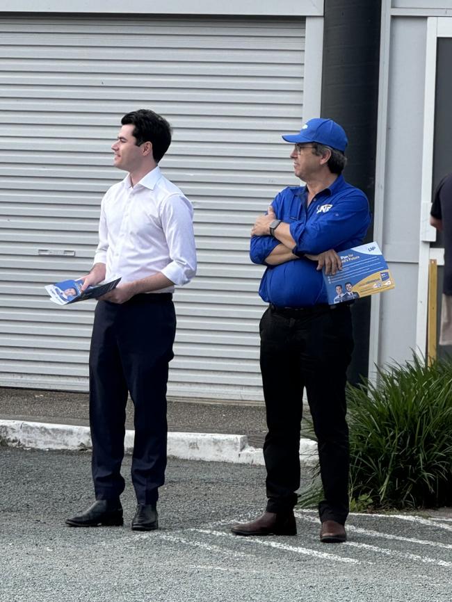 LNP candidate for Waterford Jacob Heremaia at pre-poll this week with retiring Oodgeroo LNP MP Mark Robinson.