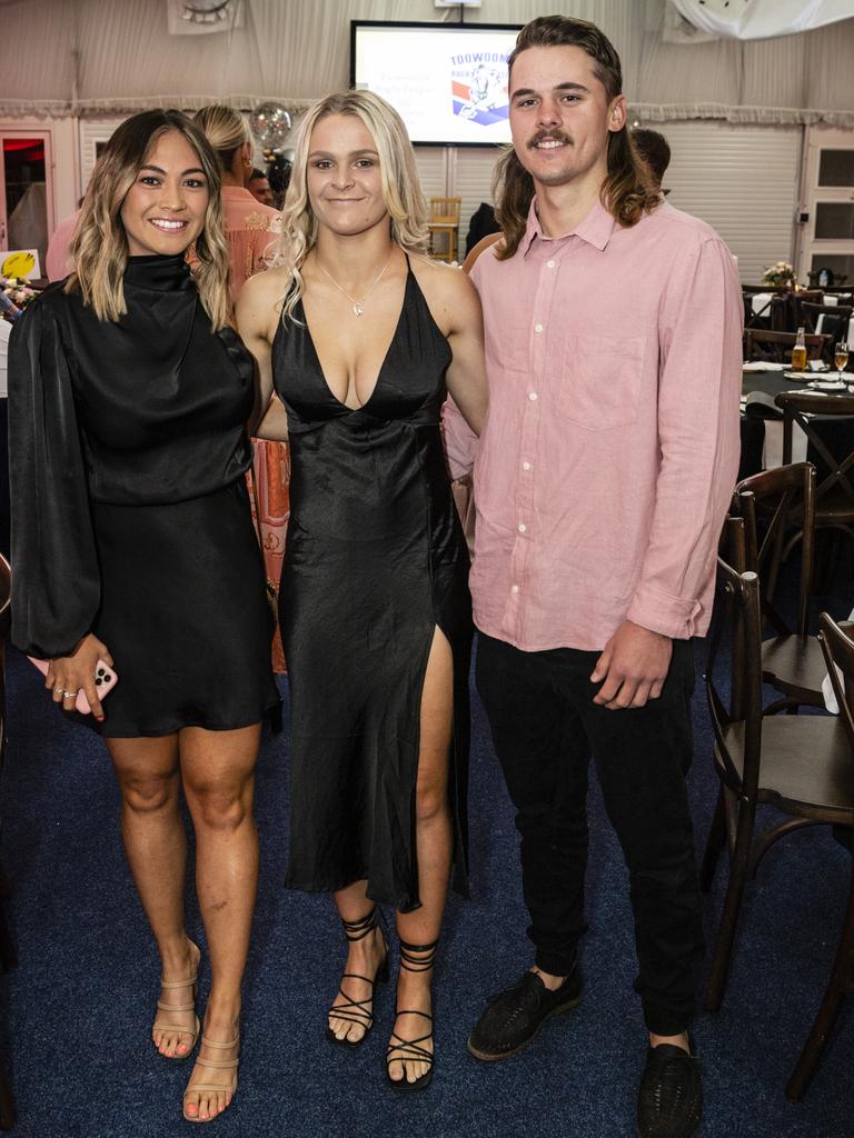 At the Toowoomba Rugby League gala presentation night 2022 are (from left) Nat Webb, Best and Fairest Open Womens Hancock Edwards Medal recipient Courtney-Lee Nolan and James Gauld at Clive Berghofer Grande Atrium Clifford Park, Friday, September 9, 2022. Picture: Kevin Farmer