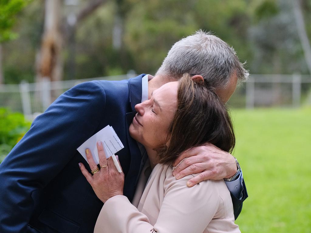 Ms Pulford was hugged by Children’s Cancer Foundation chair Jeremy Smith at the press conference. Picture: NCA NewsWire / Luis Ascui