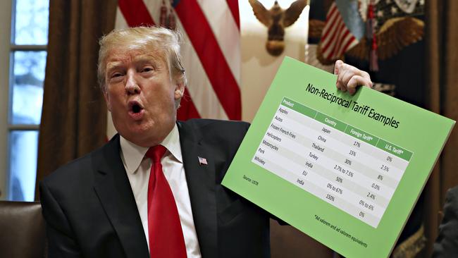 President Donald Trump holds up examples of tariffs in the Cabinet Room of the White House. Picture: AP