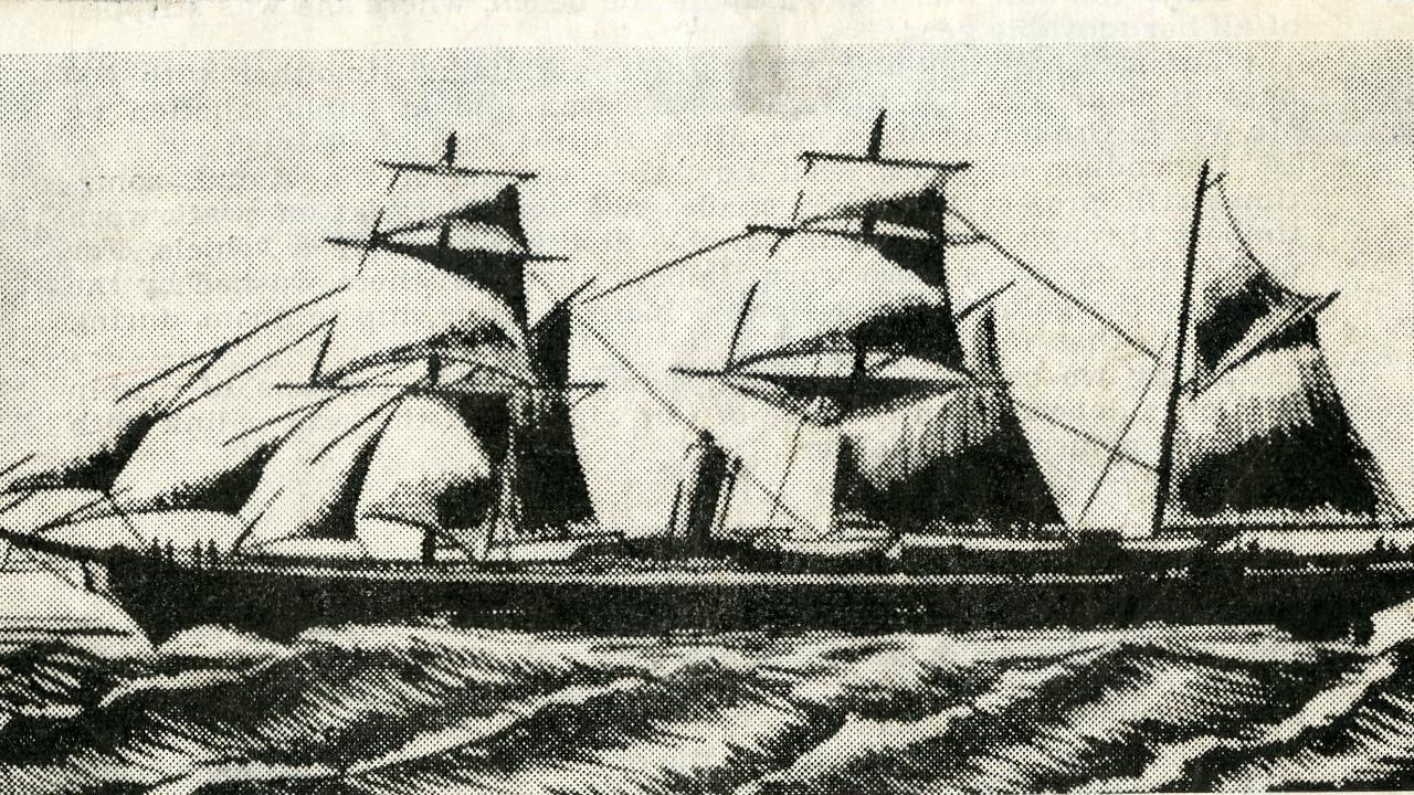 A drawing of the steam ship SS Admella, which was typical of steamships of the 1850s. It was wrecked off the coast of South Australia on August 6, 1859.