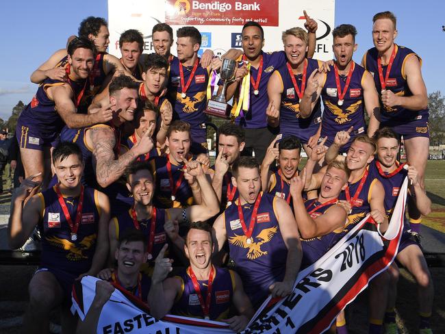 Vermont players celebrate after winning the EFL Div 1 Grand final between Vermont and South Croydon in Bayswater, Saturday, Sept. 22, 2018. Picture:Andy Brownbill