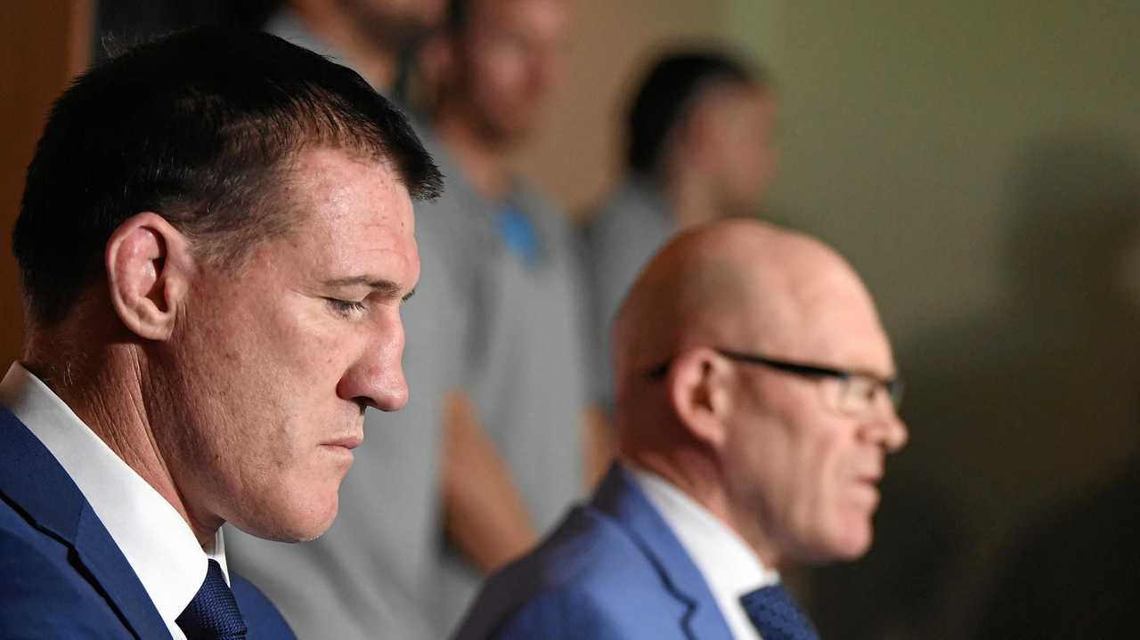 Cronulla Sutherland Sharks CEO Barry Russell and senior player Paul Gallen are joined by the senior players group as they address the media at Sharks Leagues Club. Picture: DEAN LEWINS/AAP PHOTO