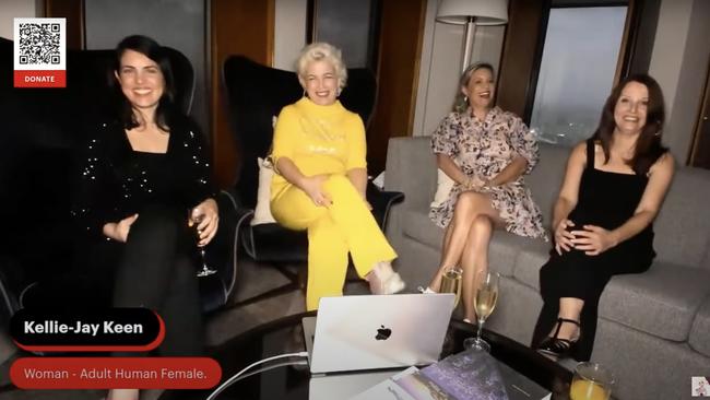 Moira Deeming, Kellie-Jay Keen, Katherine Deves and Angie Jones speaking in a post-event video broadcast on Ms Keen’s website after the March 2023 Let Women Speak rally.