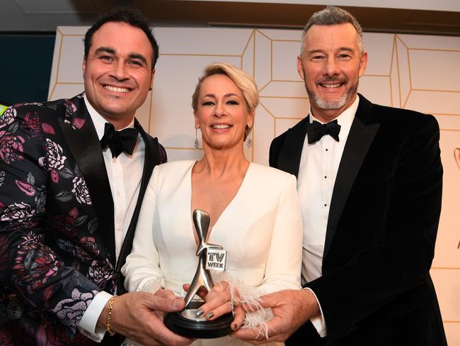 The Living Room’s Miguel Maestre, Barry Du Bois and Amanda Keller with their Logie for Most Popular Lifestyle Program. Picture: AAP